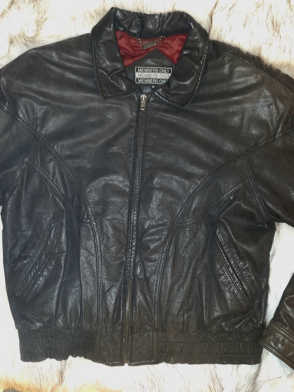 Mens 80s RARE Vintage Members Only Black Leather Bomber Jacket Red Lining
